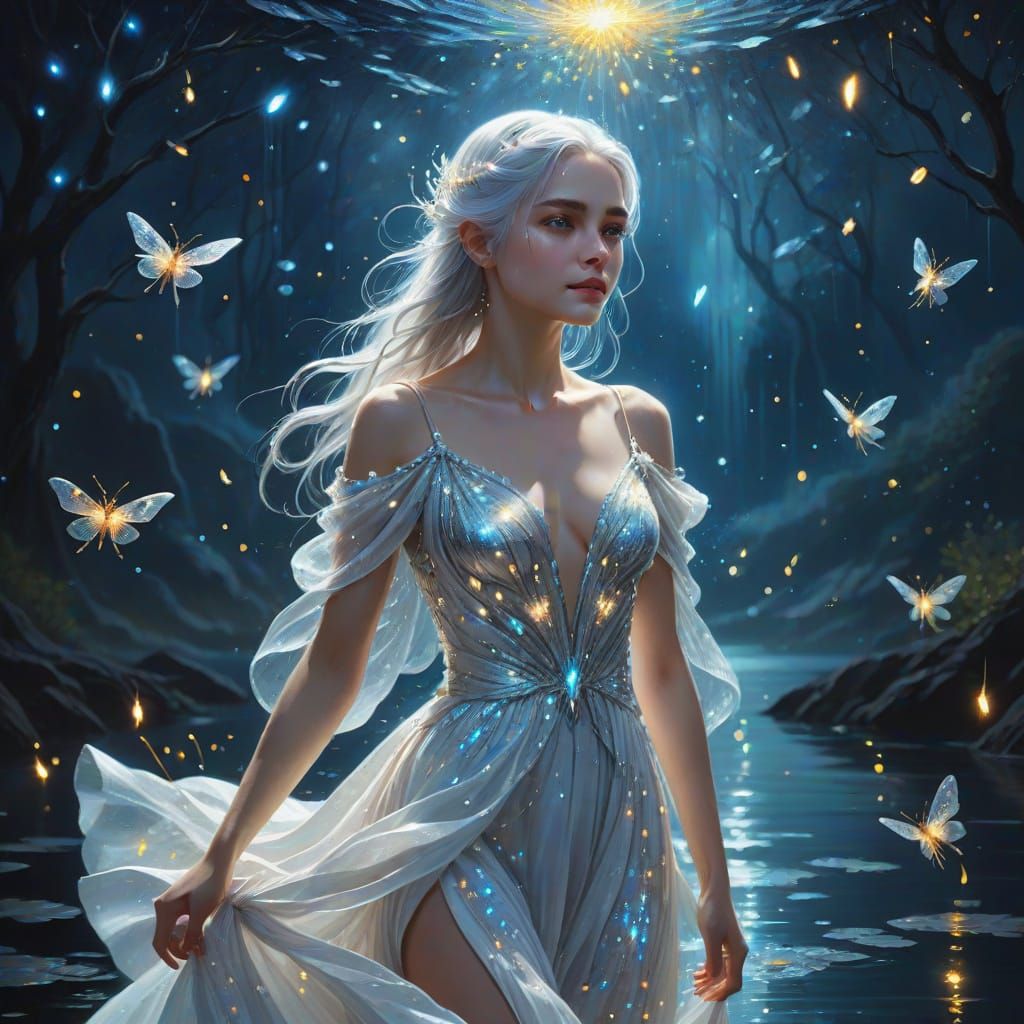 Ethereal Woman Walking on Dark Waters