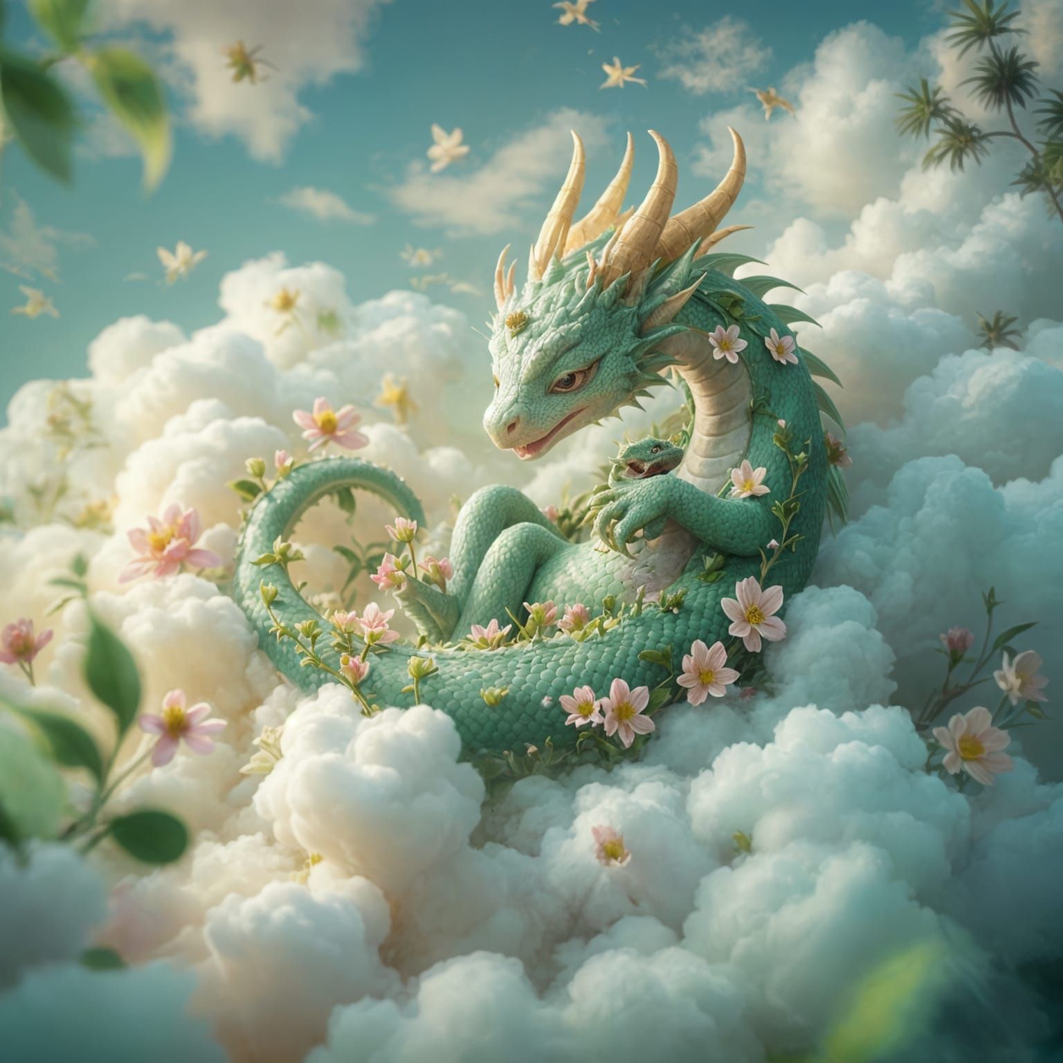 Whimsical Light Green Baby Dragon in Dreamy Clouds