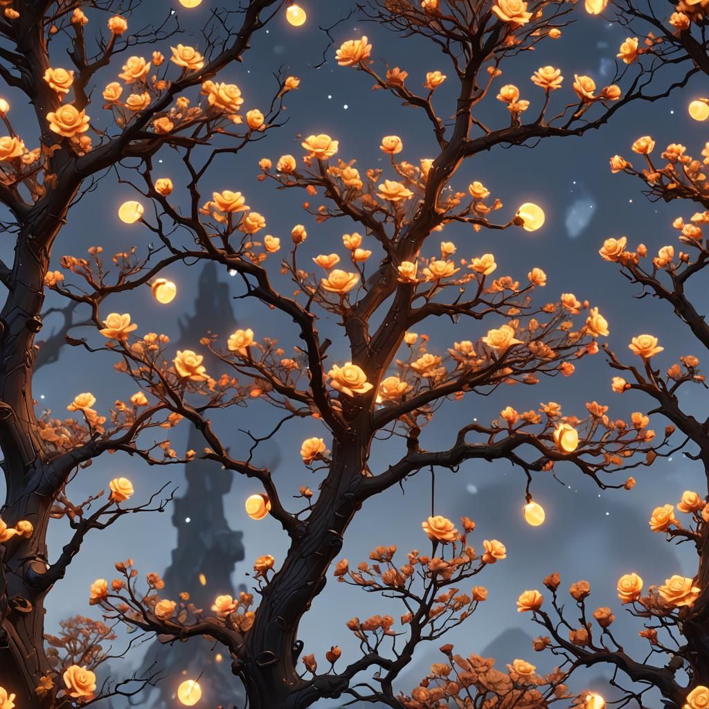 Firefly Tree Lights on Mountain in Detailed Matte Painting