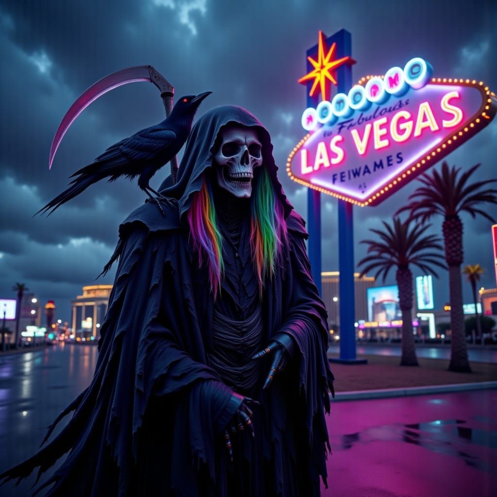 Grim Reaper Adorns Fabulous Las Vegas Sign with Edgy Style