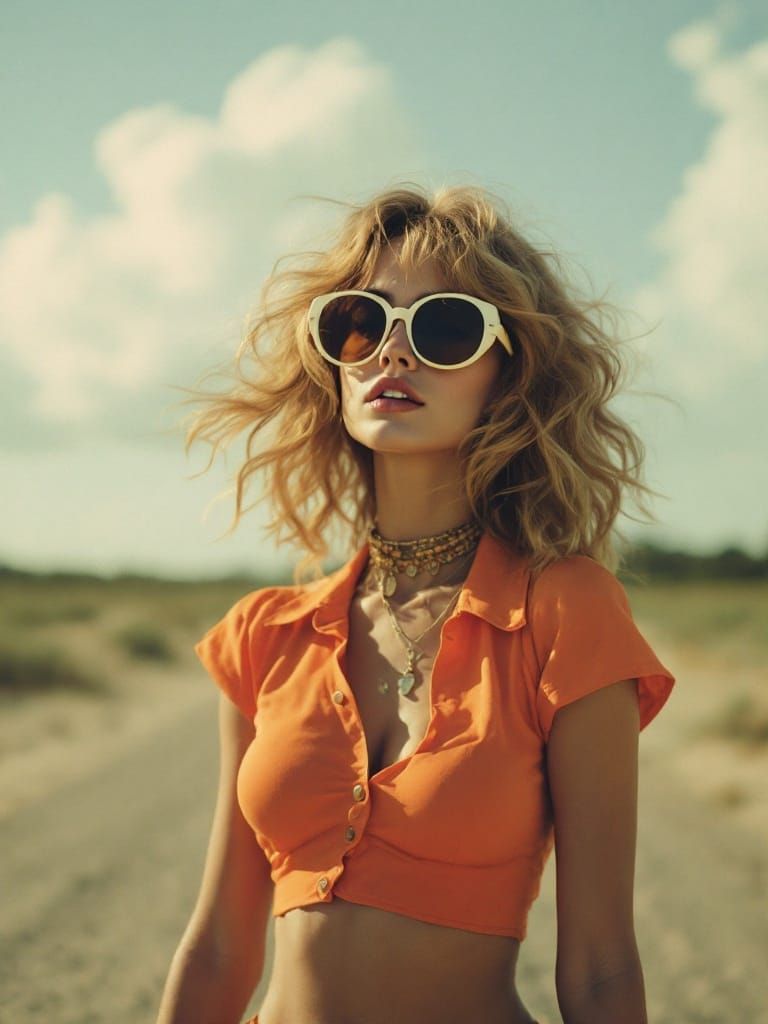 Giant Sunglasses Woman Walks Under Burning Light in Retro Or...