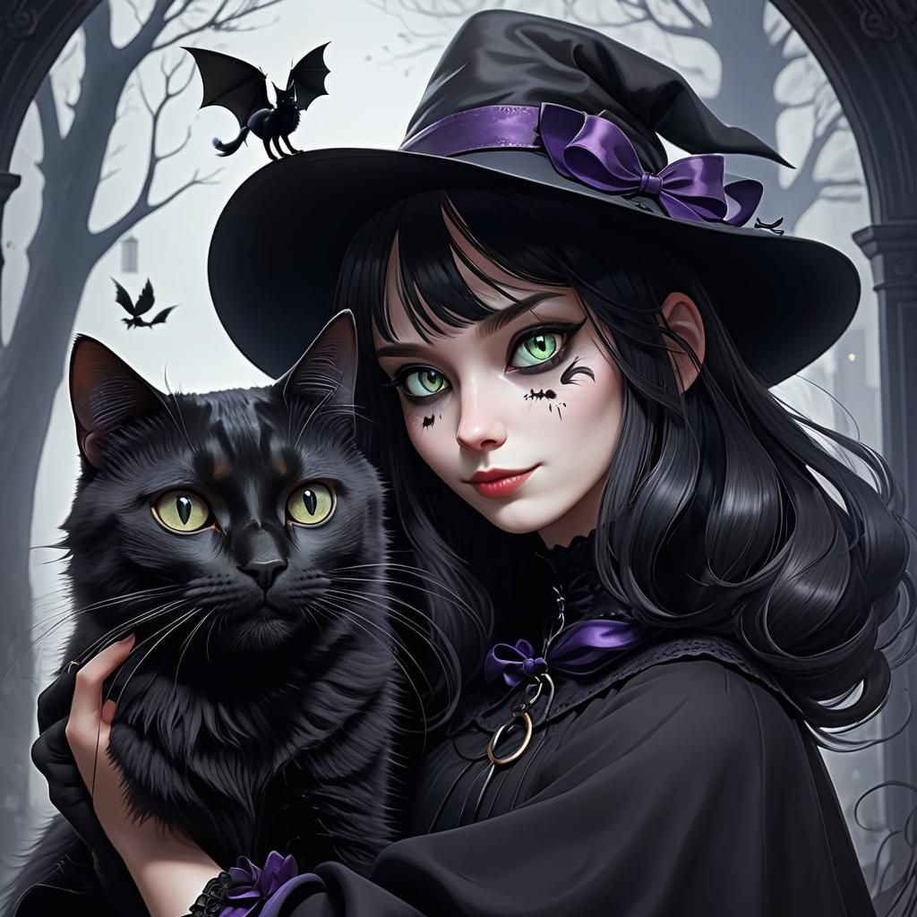 Whimsical Witch Girl and Black Cat Illustration