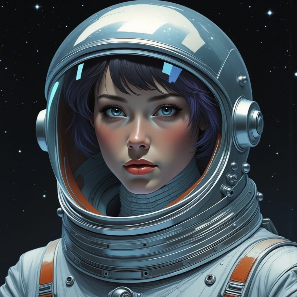 Space Girl in Futuristic Metallic Spacesuit
