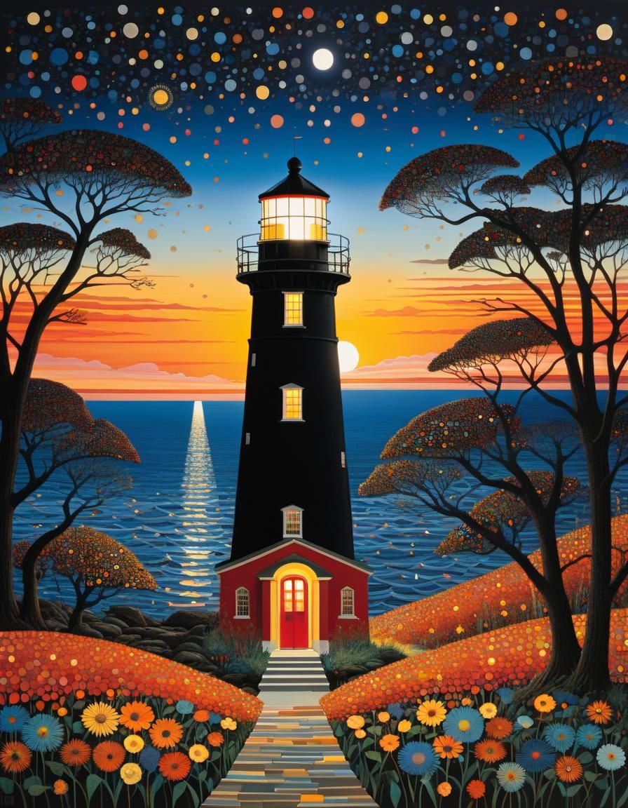 Psychedelic Lighthouse Sunset Art