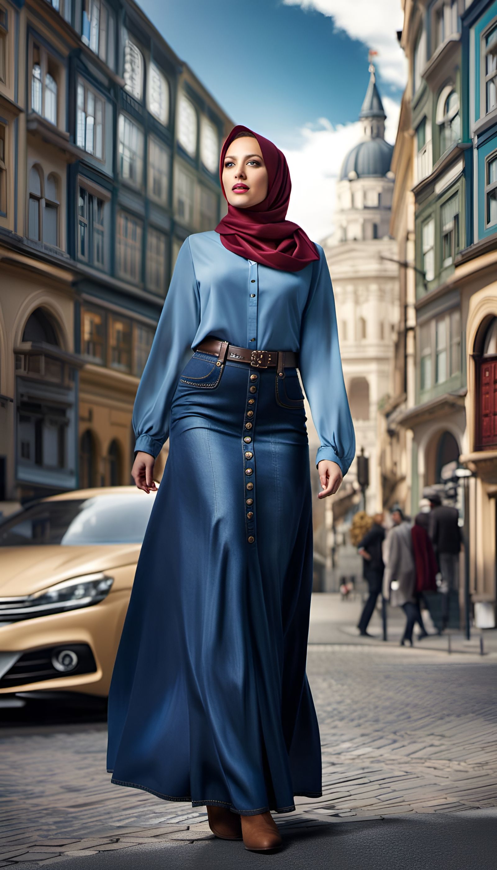 Curvy Woman in Hijab in Modern City, Digital Art