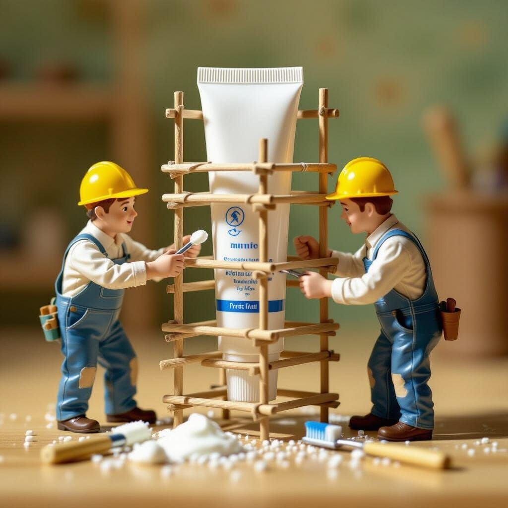 Miniature People Open Toothpaste Tube in Whimsical Style