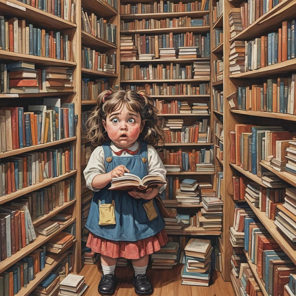 Comically Plump Girl and Overflowing Bookshelves