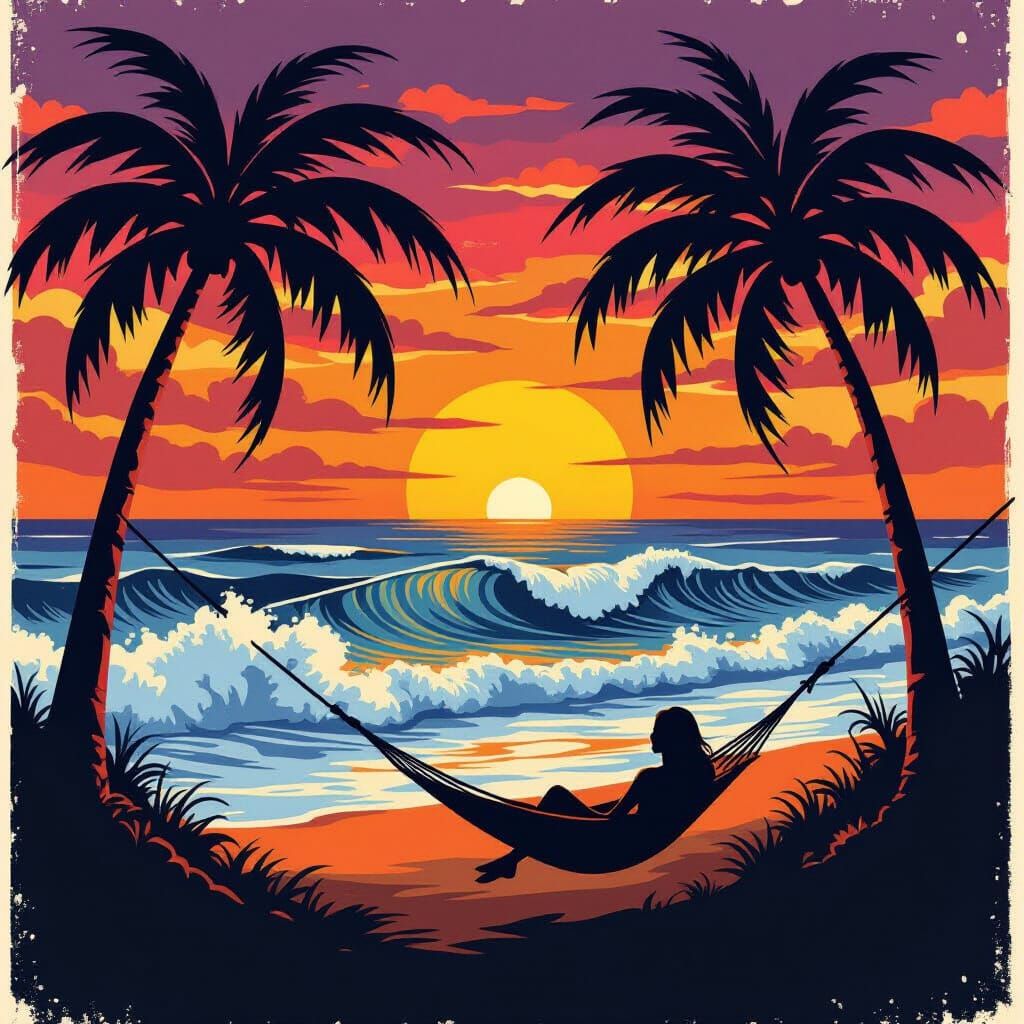 Ukiyo-e Ocean Sunset with Woman in Hammock