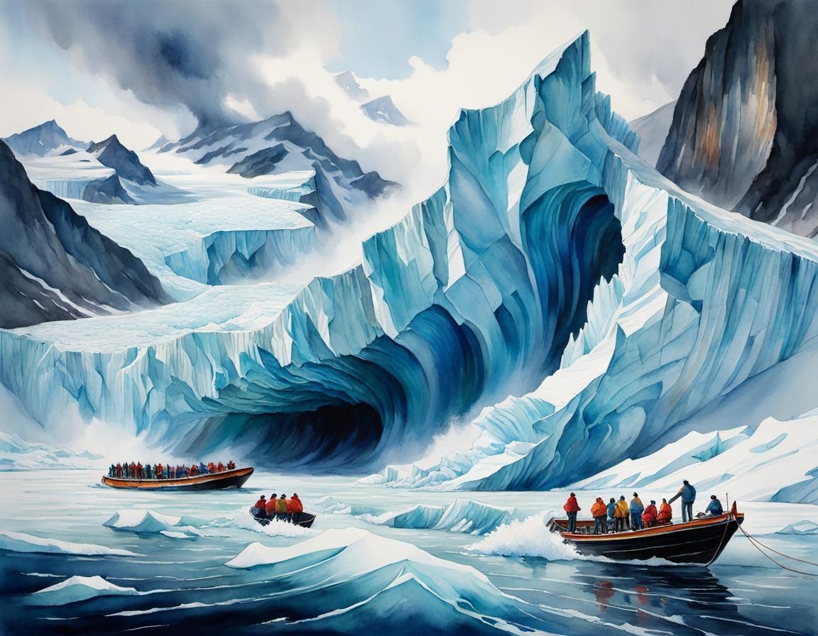 Glacier Collapse: Watercolor Illustration of Nature's Power