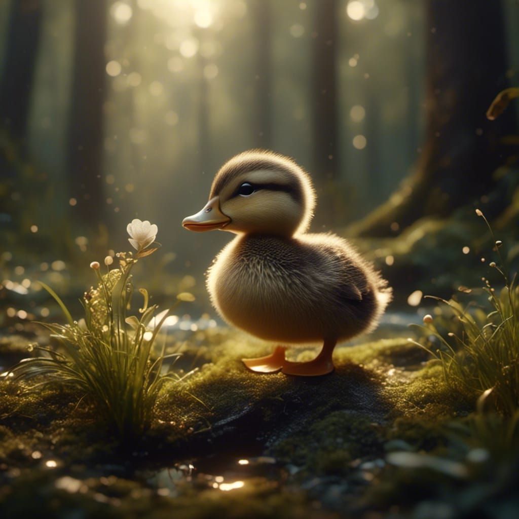 Adorable Lonely Duckling in Forest