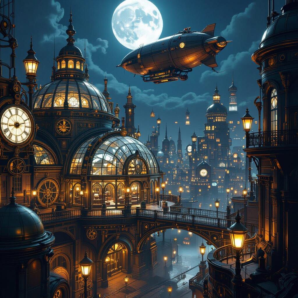 Steampunk Metropolis at Night in Detailed 3D Render