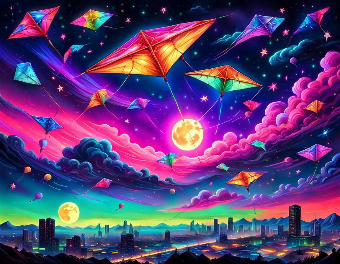 Neon Kites Dance Under Astral Northern Lights