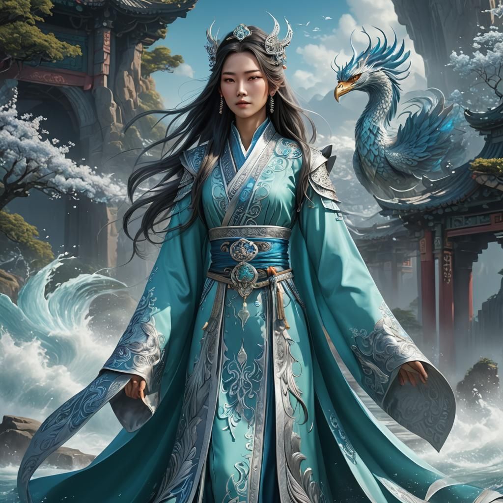 Immortal Water Tribe Lady with Phoenix in Fantasy Art