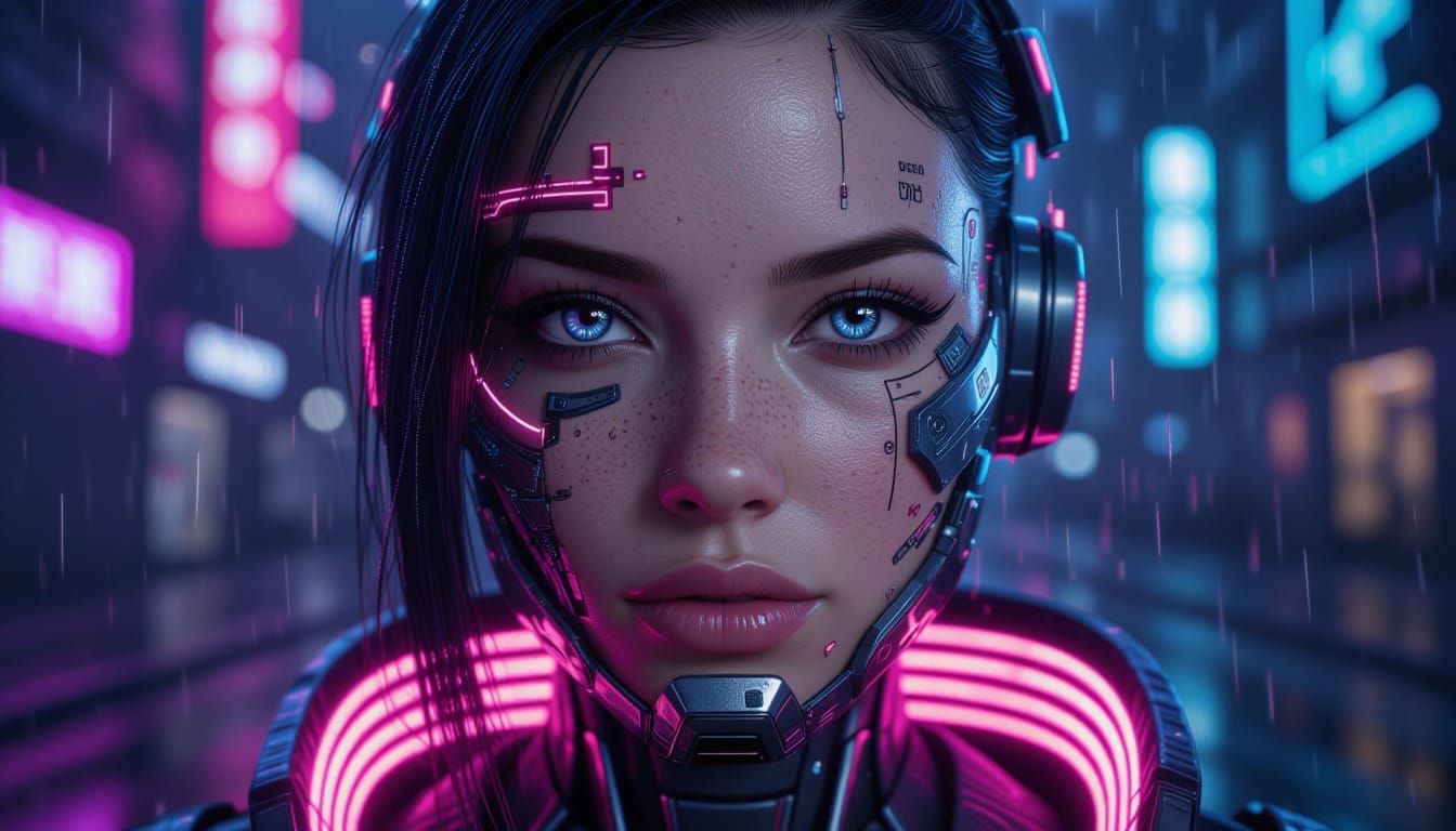 Cyberpunk Girl Portrait with Neon City Lights