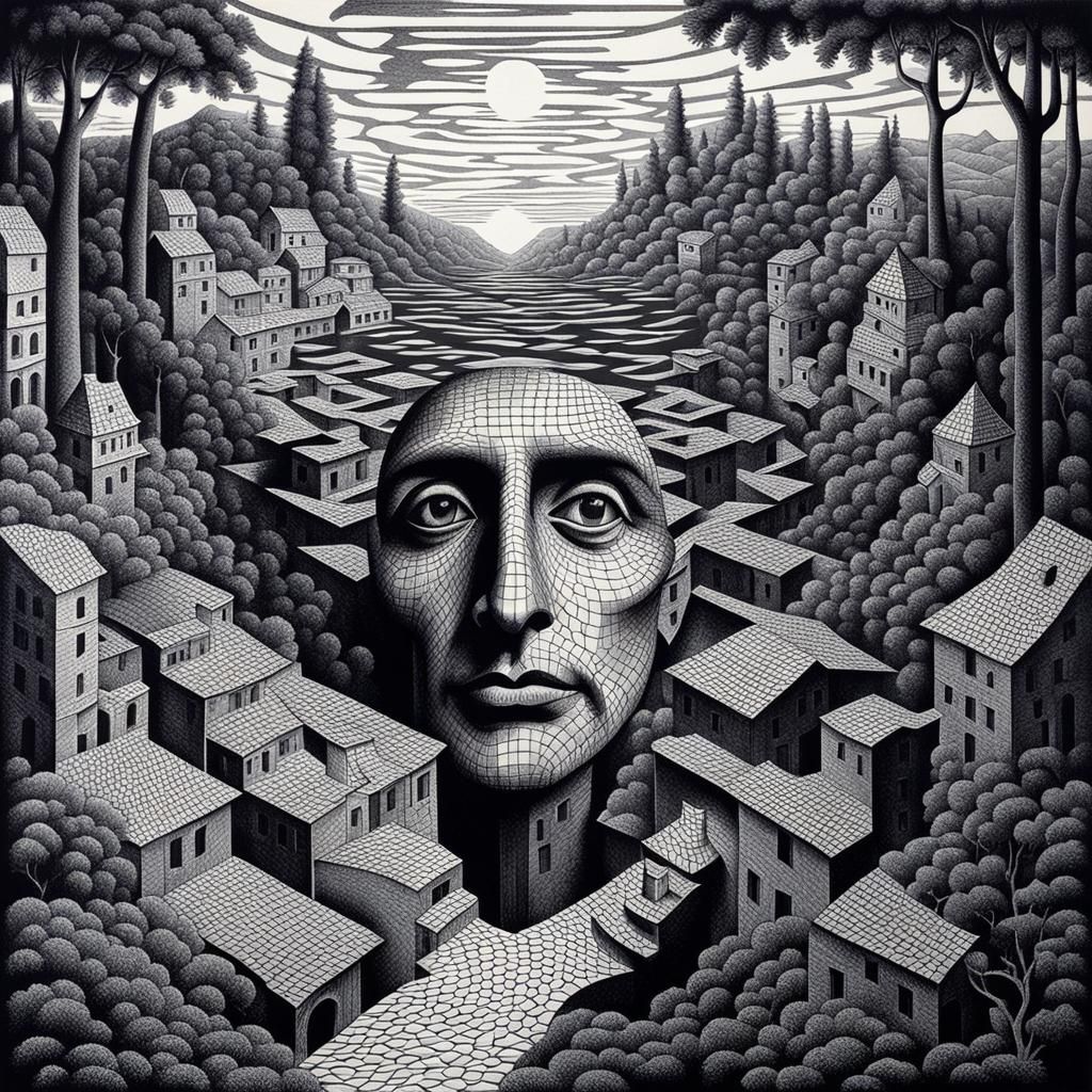 Optical Illusion Face and Landscape in Op Art Style