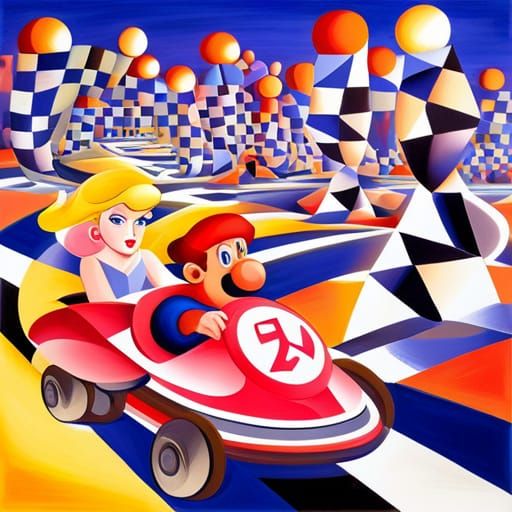 Princess Peach and Toad Race: Abstract Cubism Style