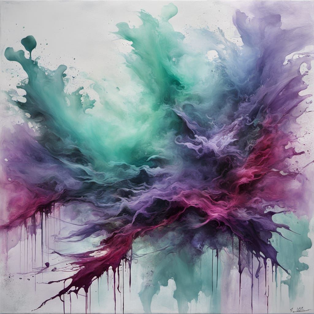Surreal Abstract Painting with Violet and Aqua Hues