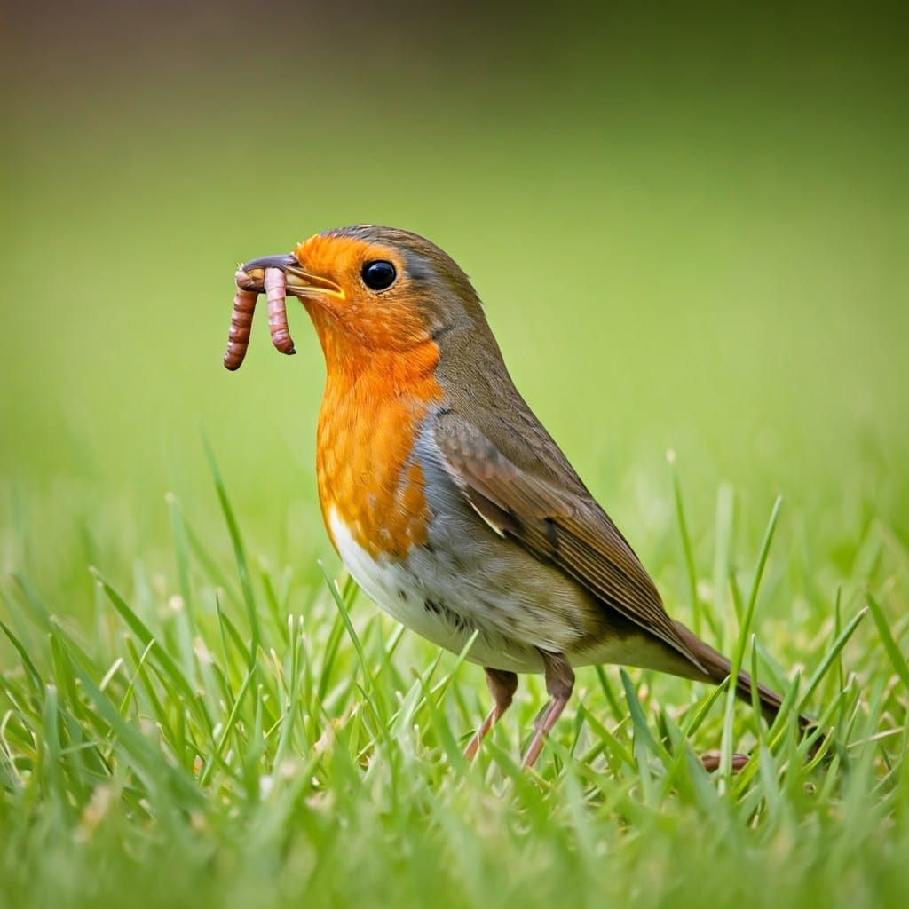 Robin with Worm in Impressionistic Spring Scene