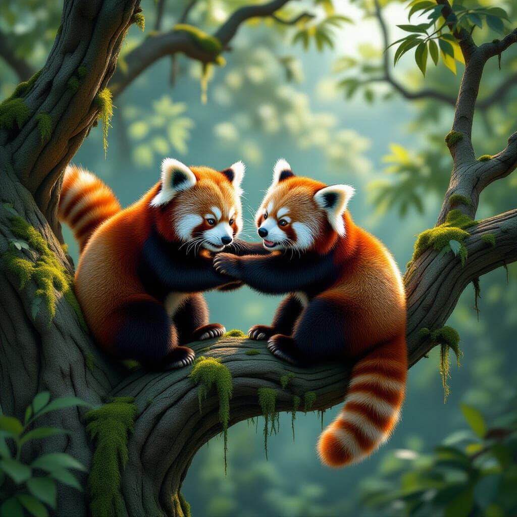 Red Pandas Wrestle in Ancient Tree, Fantasy Concept Art