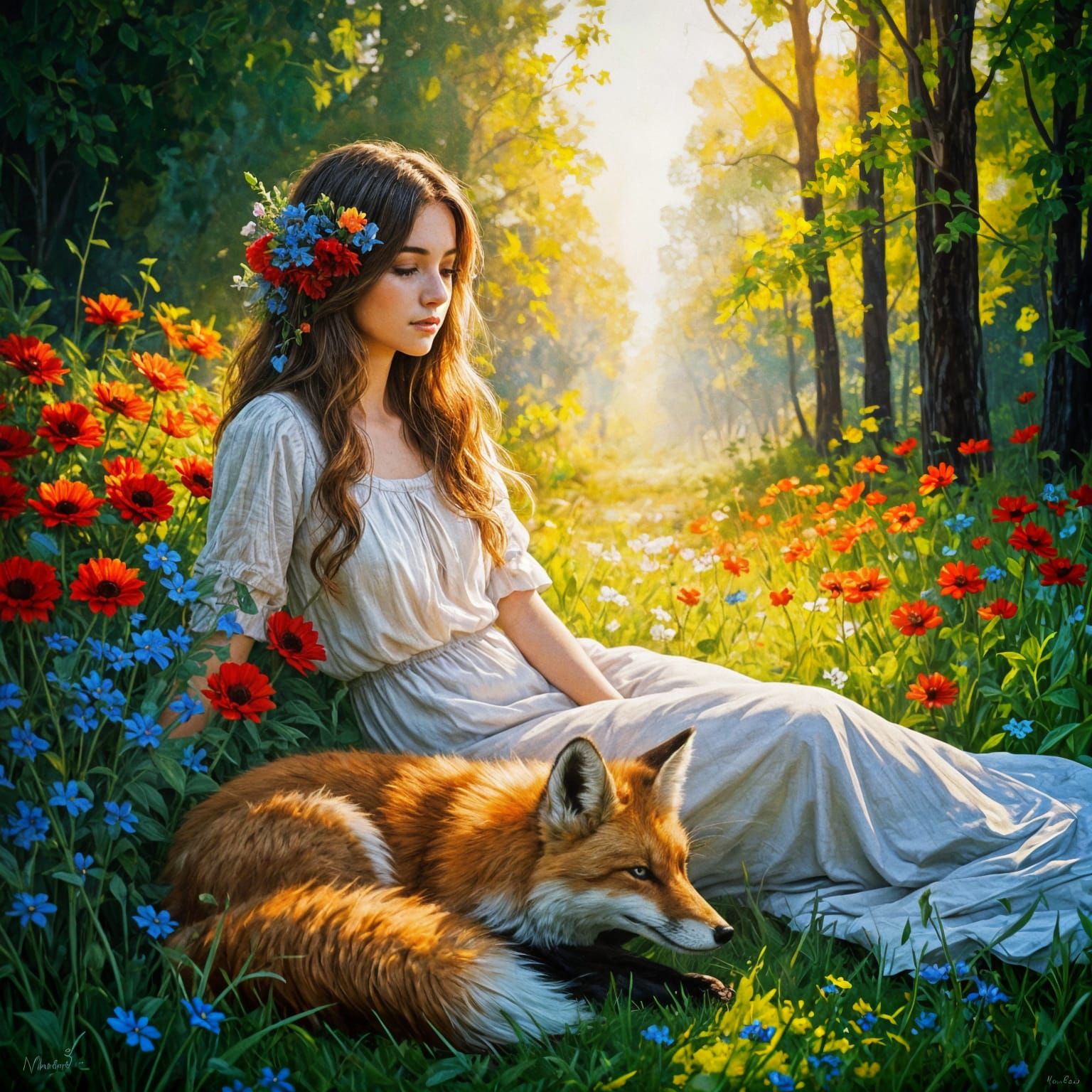 Woman Sleeping Beside Fox: Impressionist Oil Painting