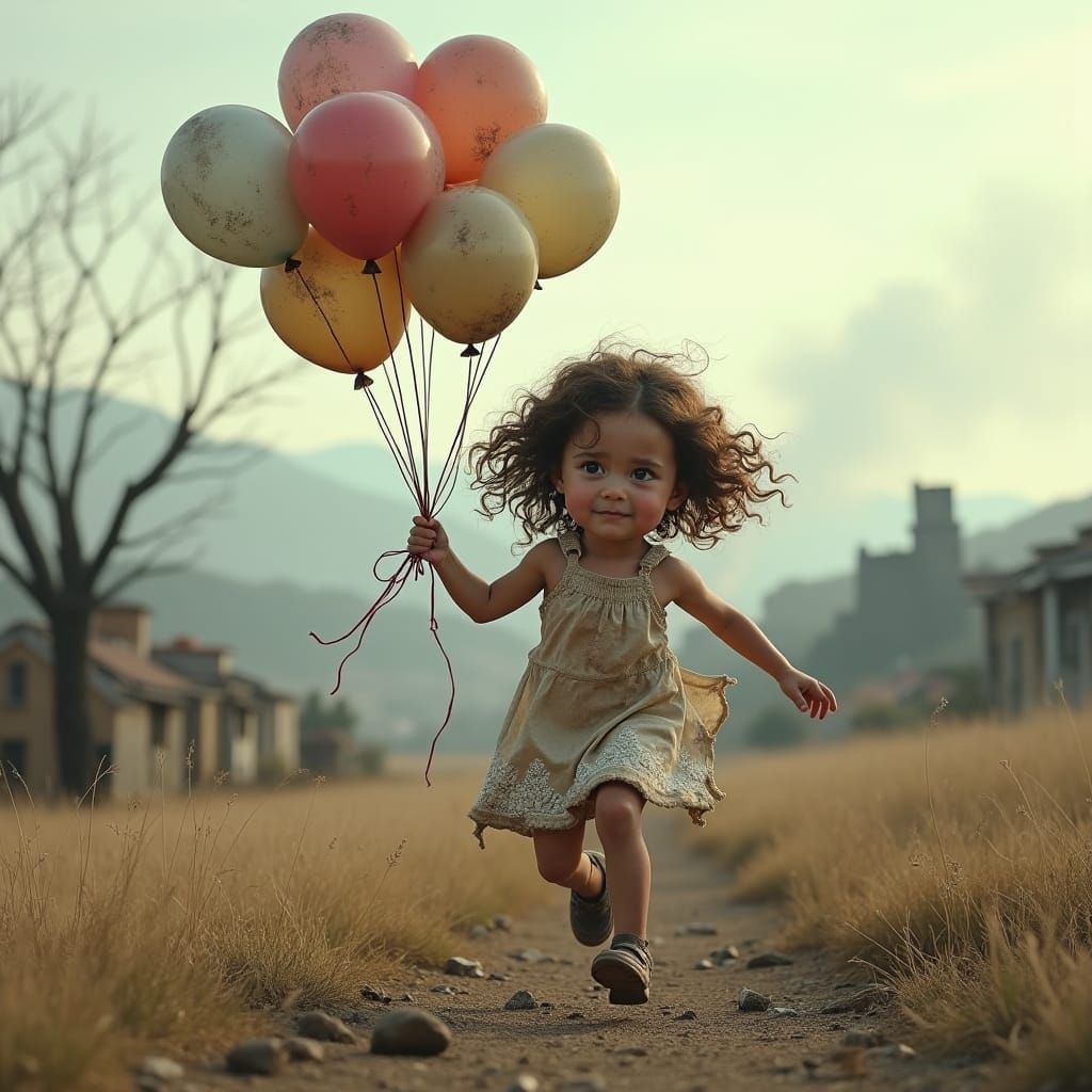 Girl with Balloons in Post-Apocalyptic Landscape