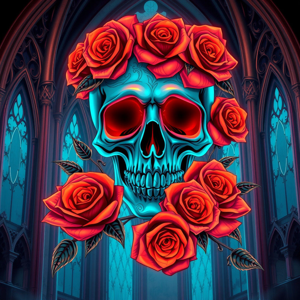 Neon Gothic Skull with Roses Illustration