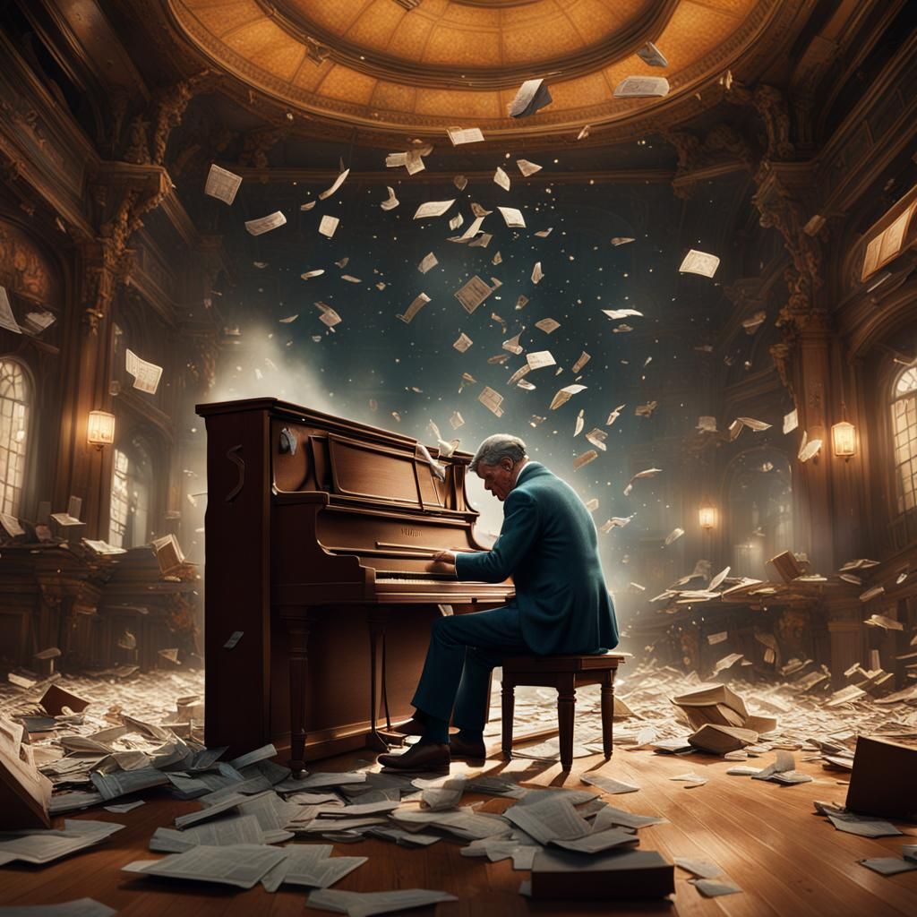 Man Dodges Piano: Silent Film Style Illustration