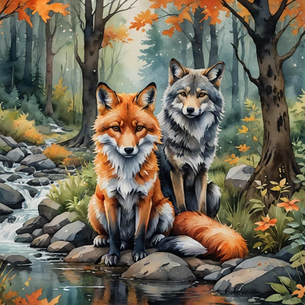 Watercolor Fox and Wolf Cuddling in Forest