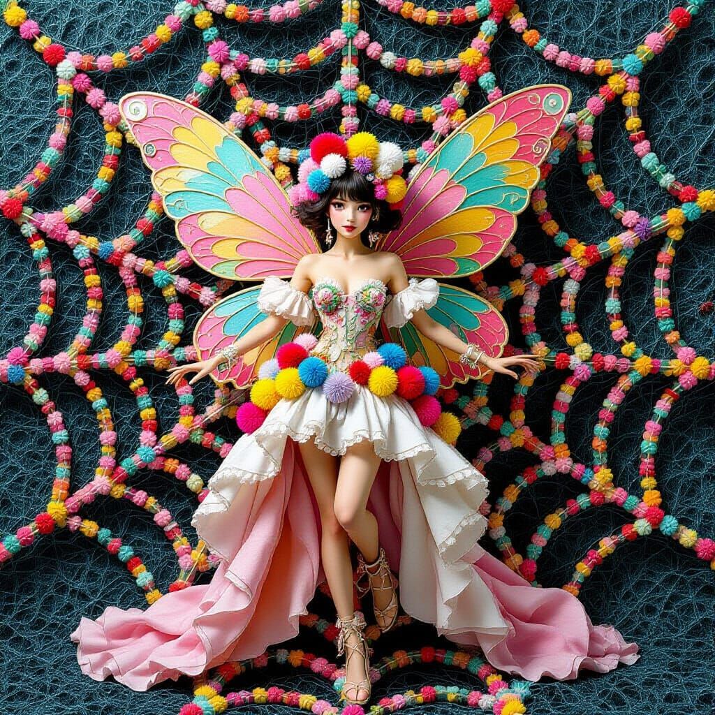 Whimsical Fairy with Pom-Pom Wings in Surrealist Pop Art