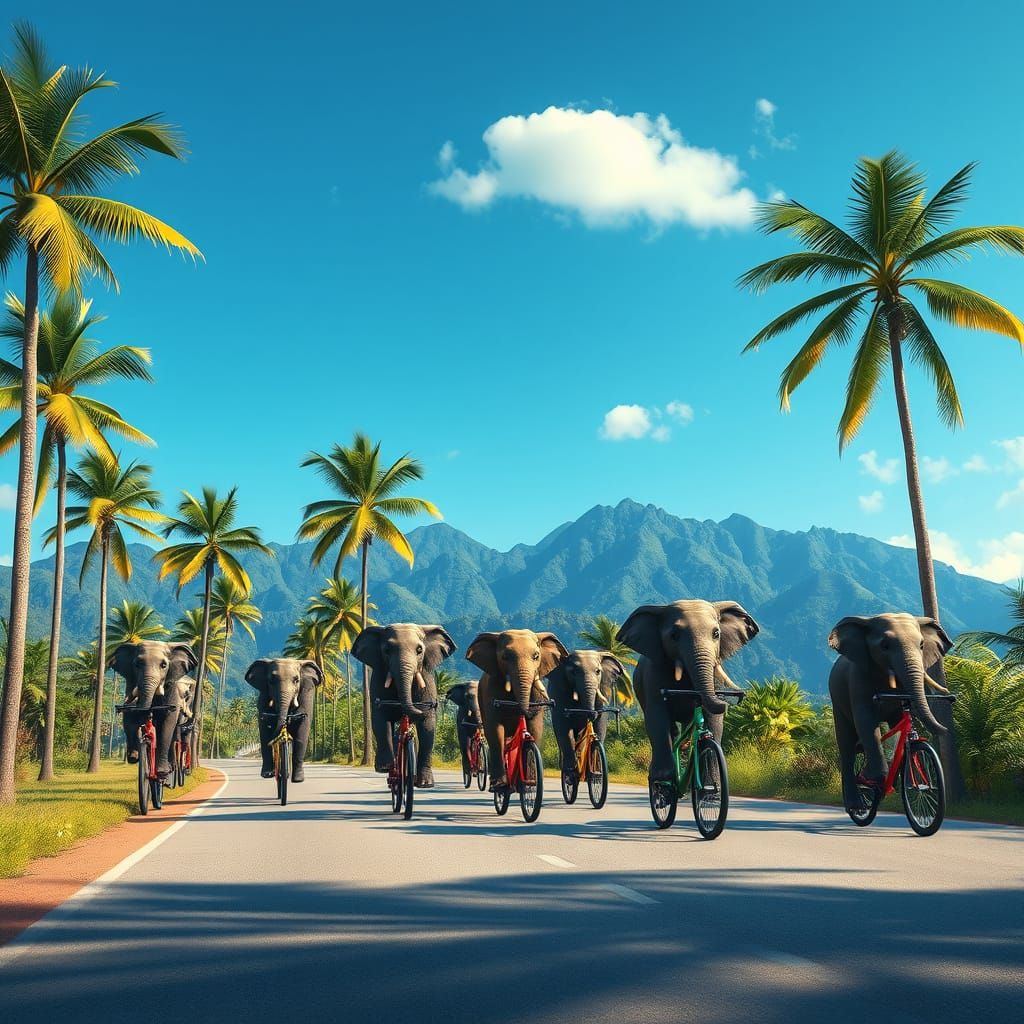 "A surreal and whimsical scene on a tropical road lined with...