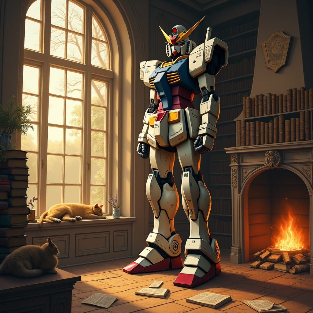 Gundam Amidst Renaissance Library Splendor
