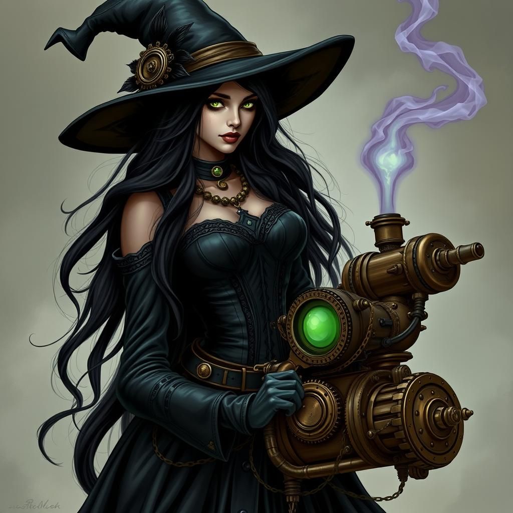 Gothic Steampunk Witch with Green Eyes