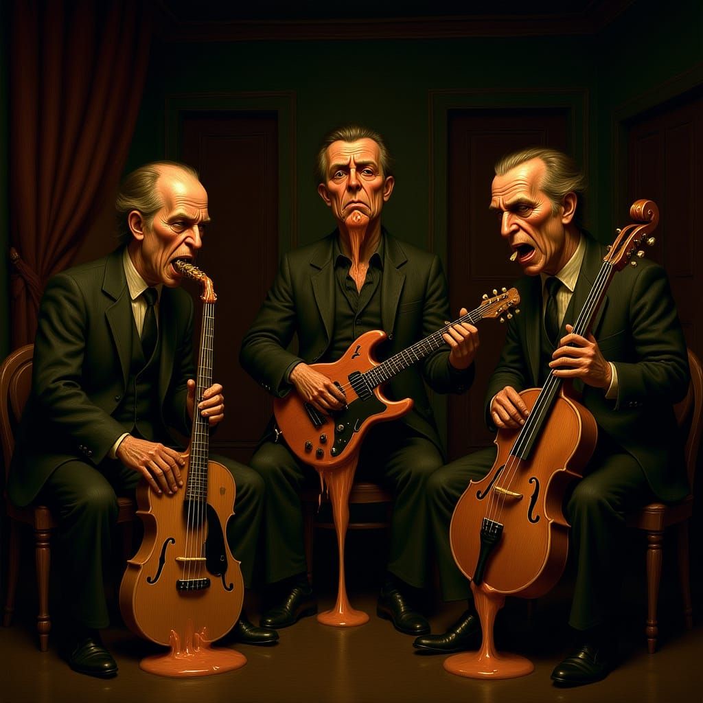 Melting Musical Instruments in Jazz Club, Surreal Art