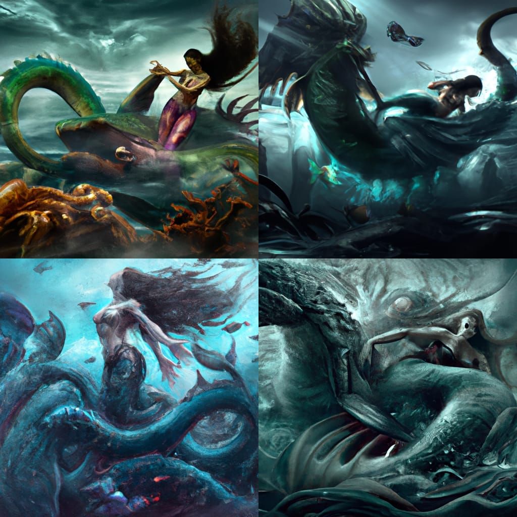 Mermaid and Kraken in Stormy Seas