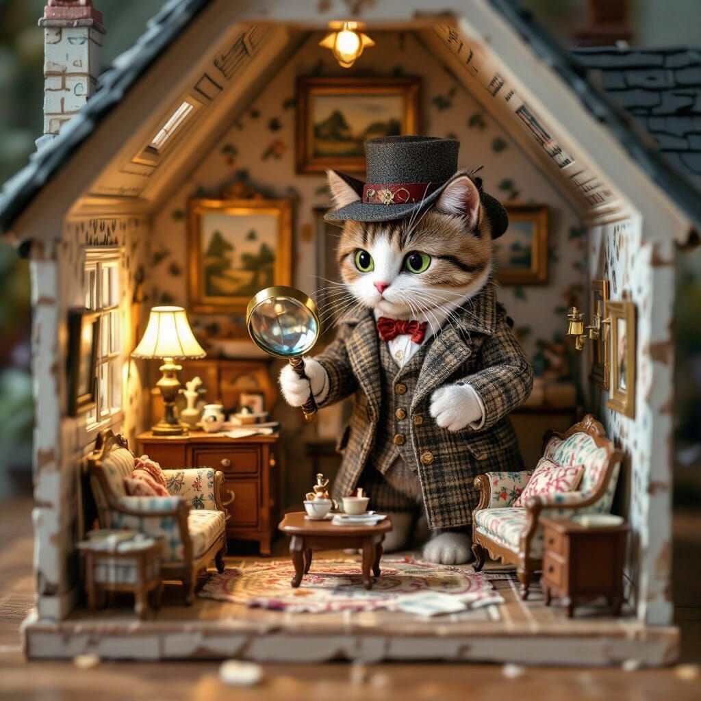 Cat Detective Investigates Dollhouse Crime Scene