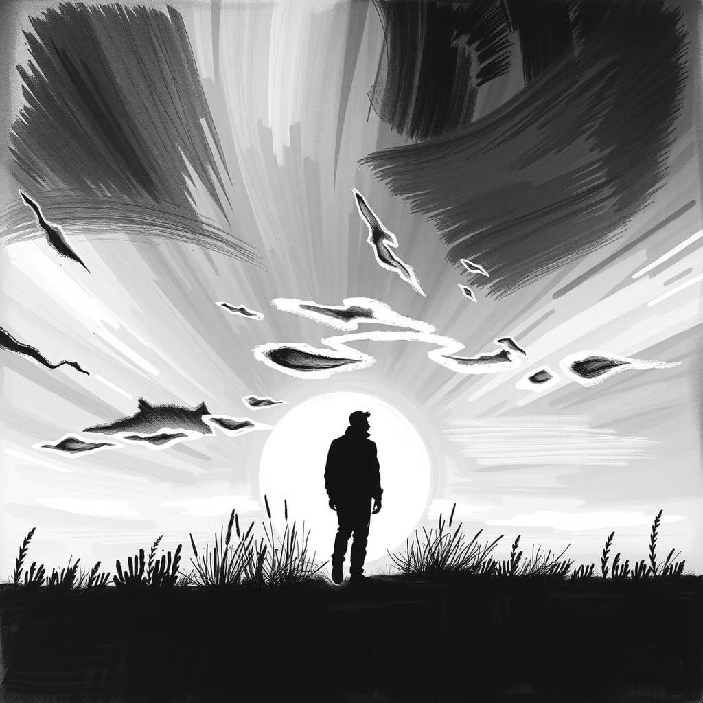 Silhouetted Figure Amidst Charcoal Sunset