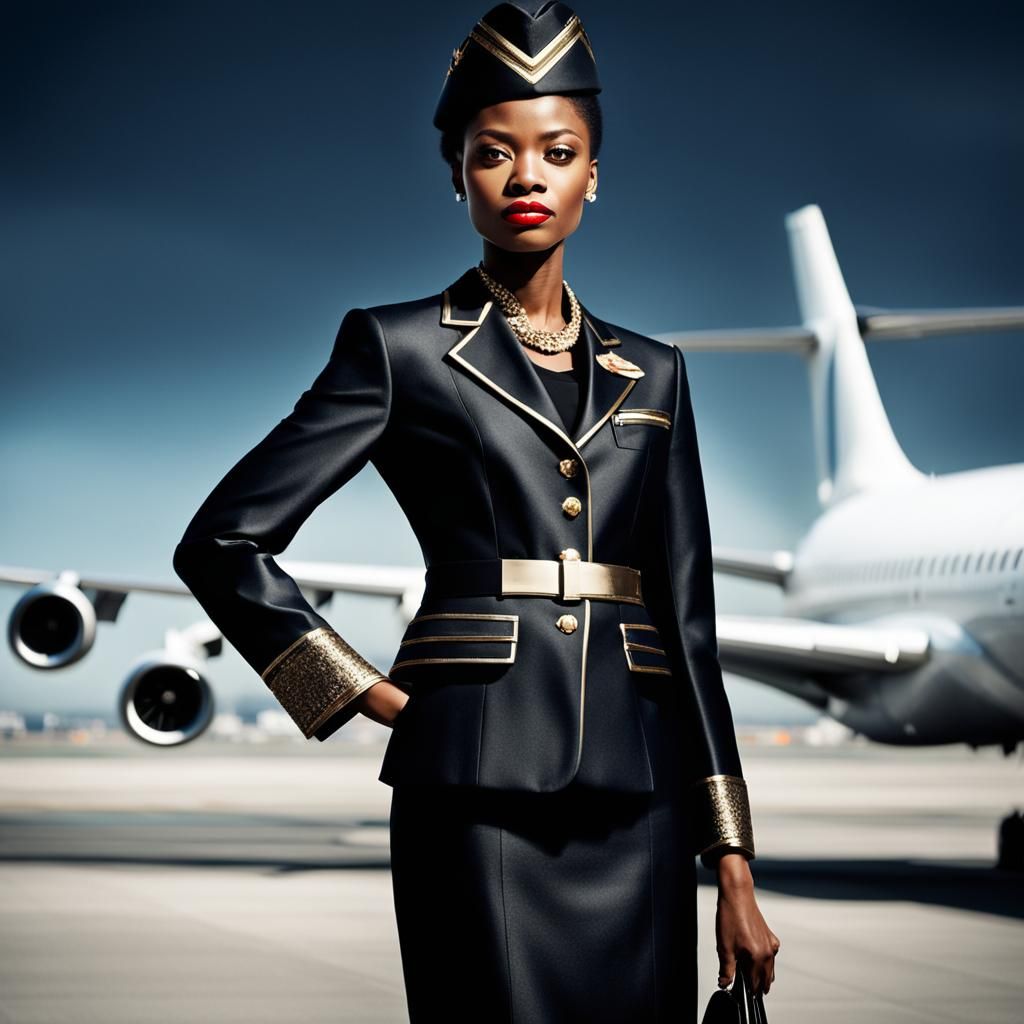 Glamorous Air Hostess in Metallic Uniform