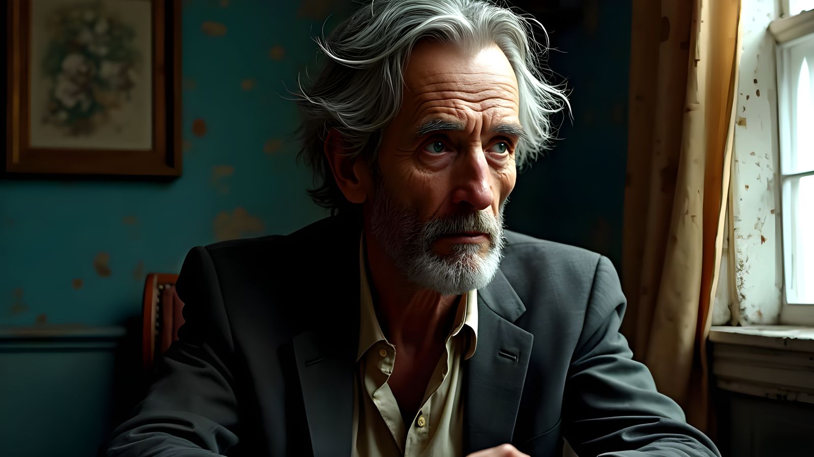 Detailed Portrait of an Old Man in Shabby Room