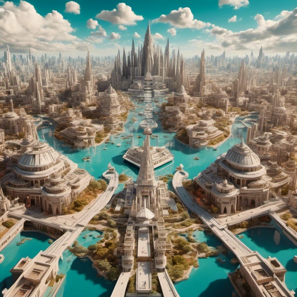 Overhead View of Futuristic City with Pyramid Palace