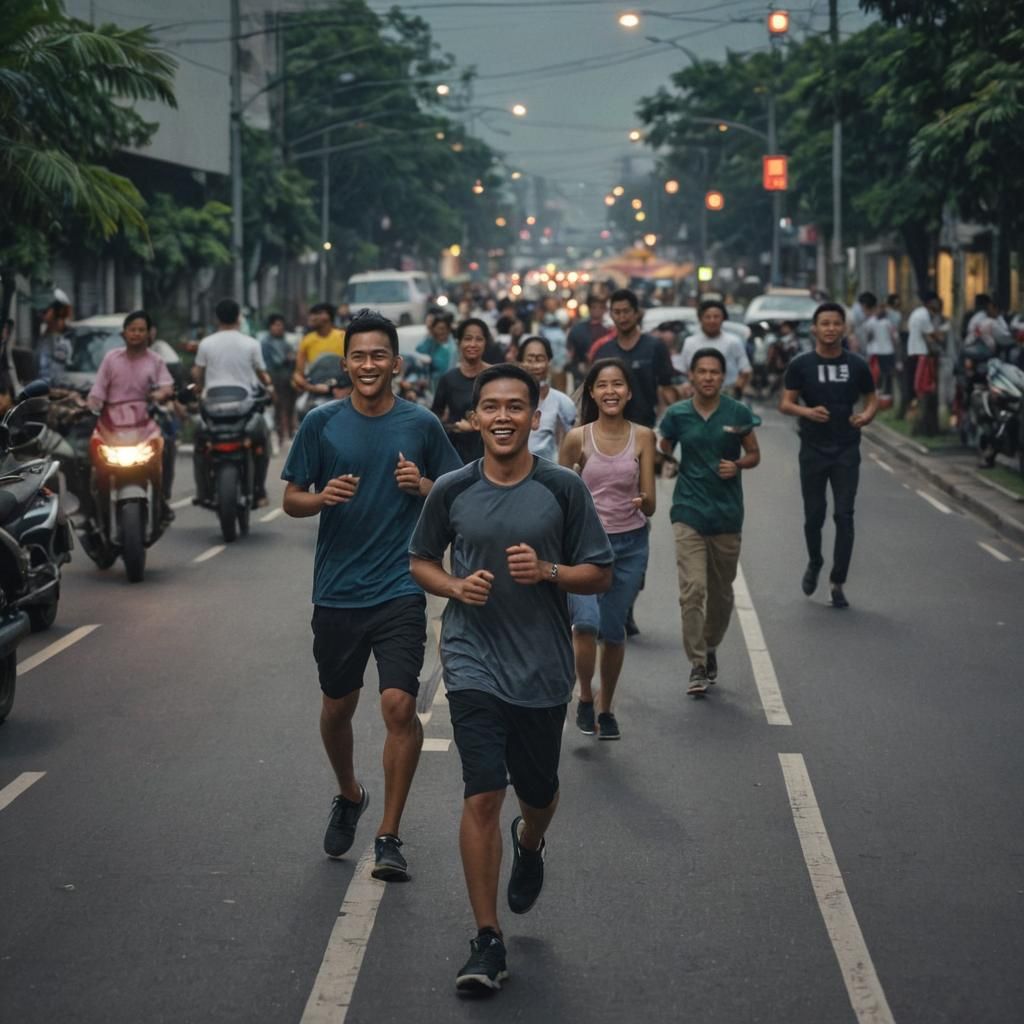 Indonesian Couples Enjoy Night Jogging in Busy Jakarta