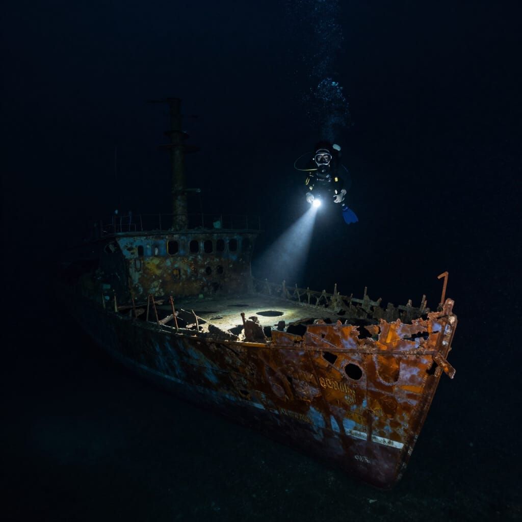Scuba Diver Explores Sunken Ship in Deep Dark Sea