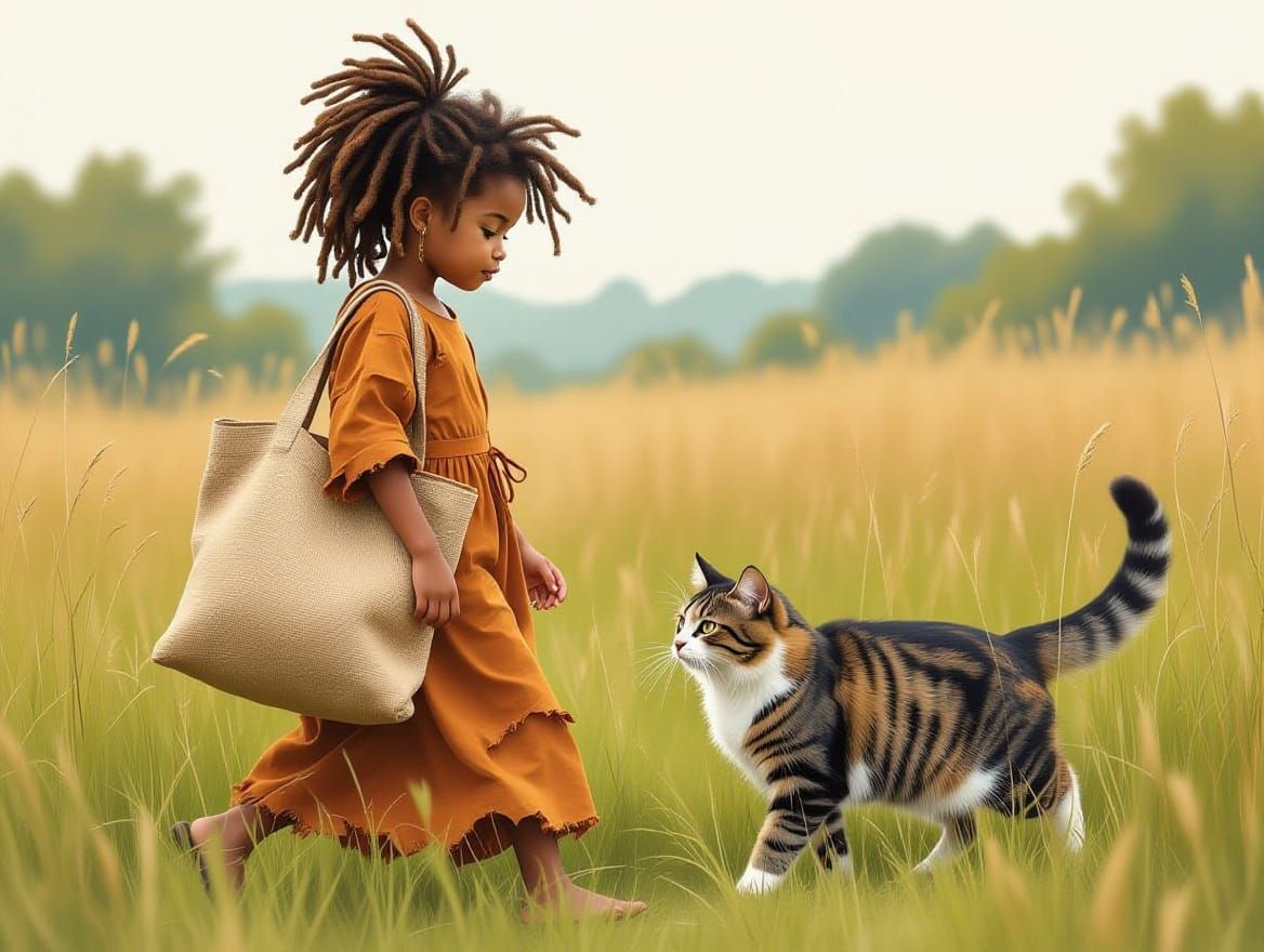 Girl with Cat in Grassy Meadow: Whimsical Illustration