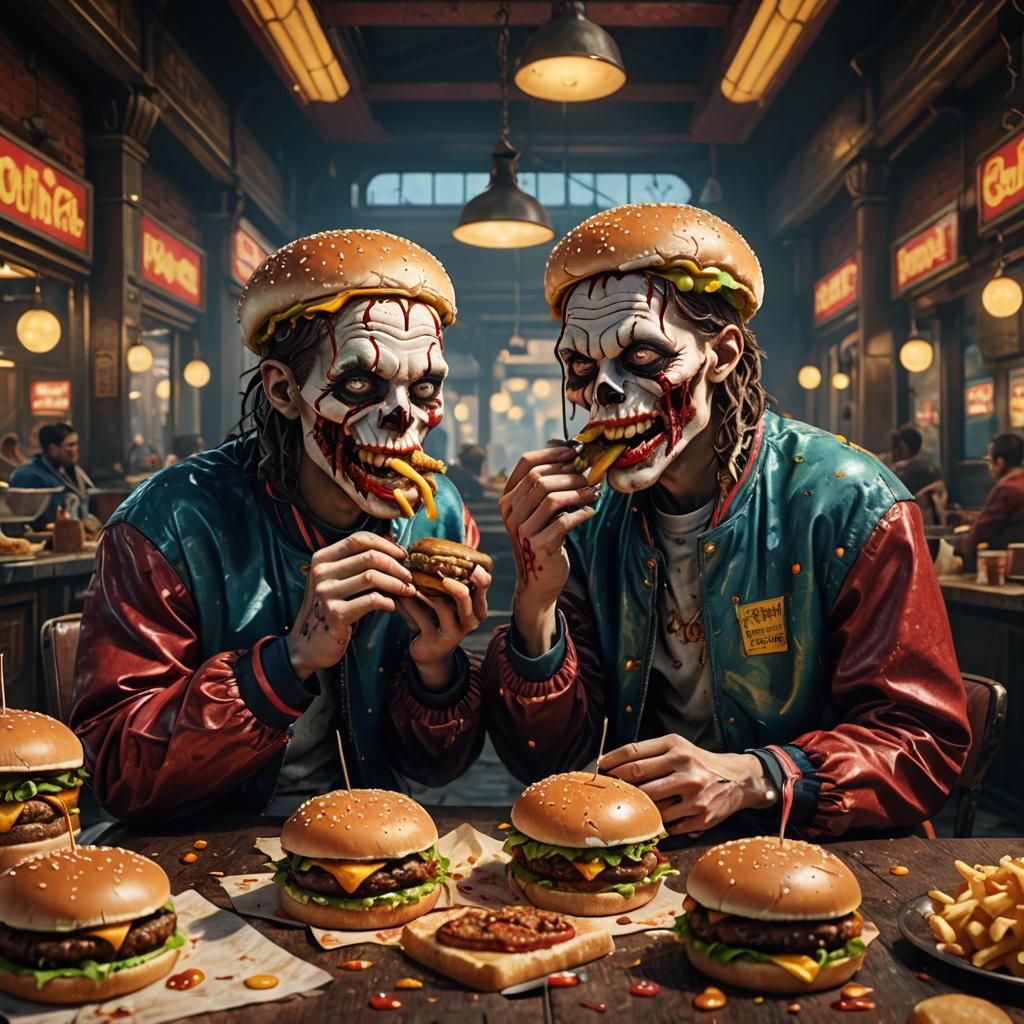 Conjoined Twins Share Hamburgers: Detailed Matte Painting