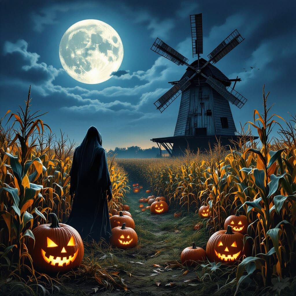 Haunted Harvest Moon Over Ghostly Corn Maze