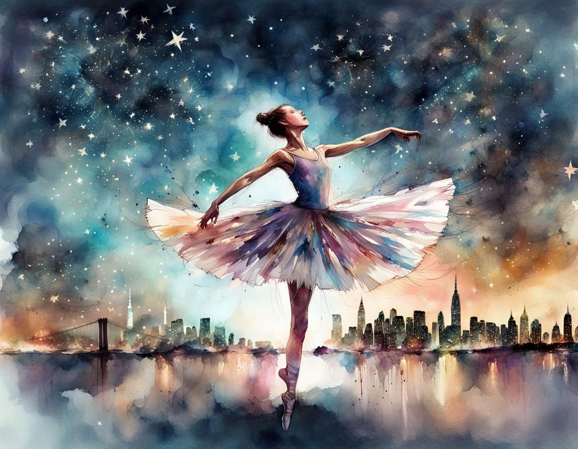 Ballerina Dancing Under Starry Sky, Watercolor Art