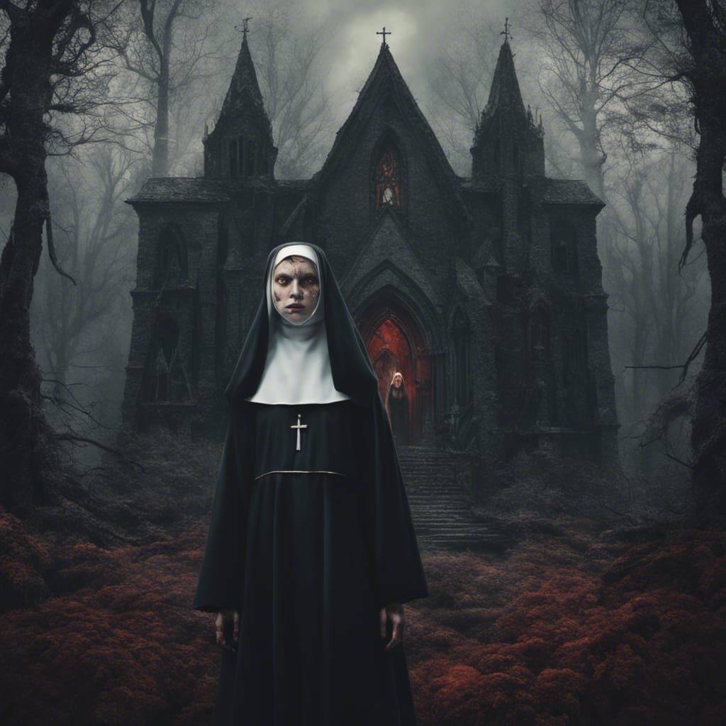 Dual-Faced Nun in Dark Forest, Detailed Fantasy Art