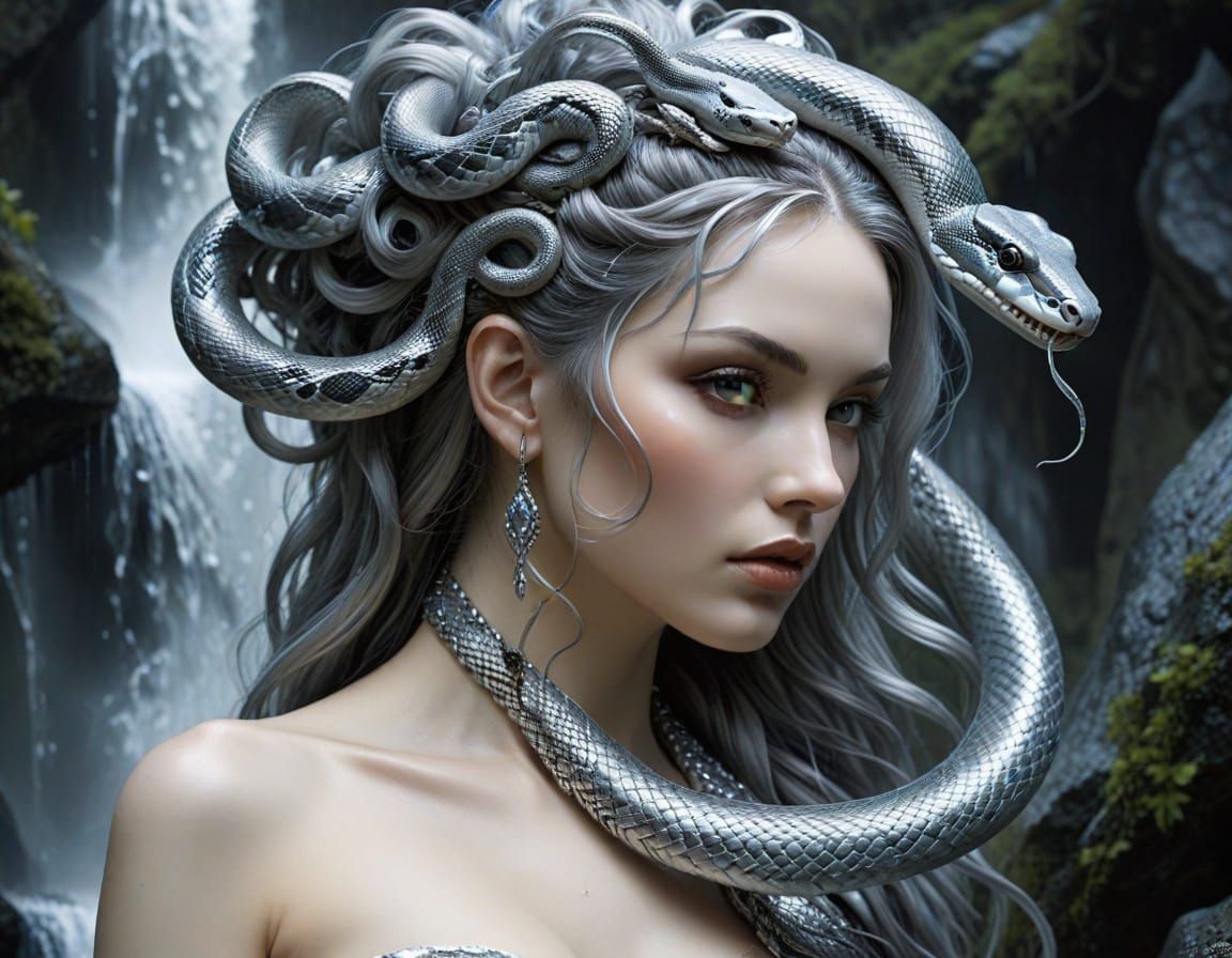Silver Gorgon with Flowing Snake Hair