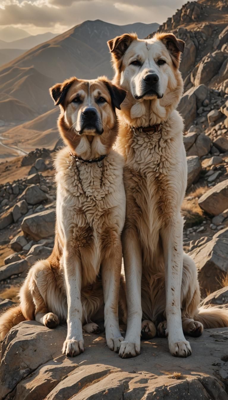 Majestic Central Asian Shepherd Dogs on Rocky Hill