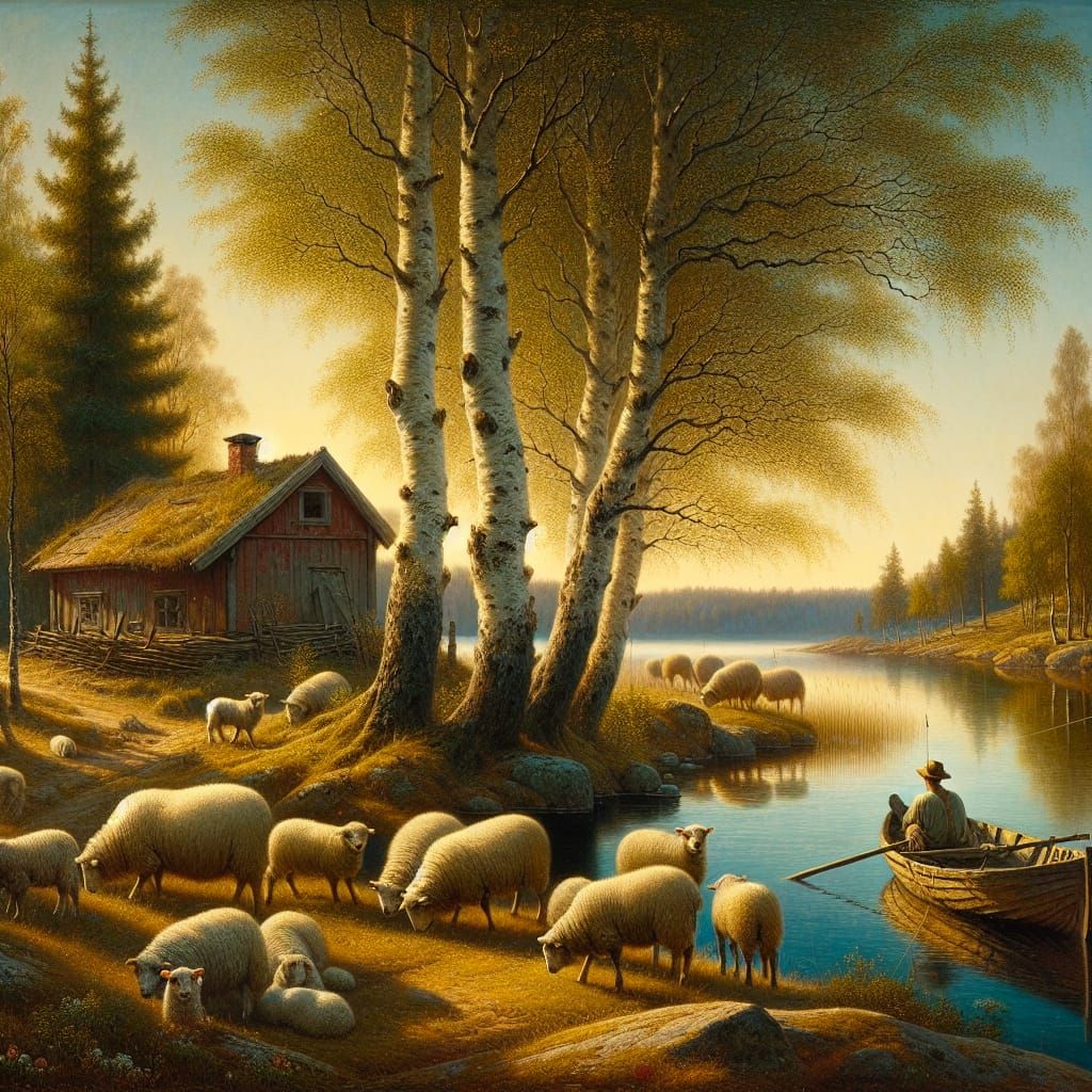 Swedish Farm With Grazing Sheep, Pre-1912 Art Style