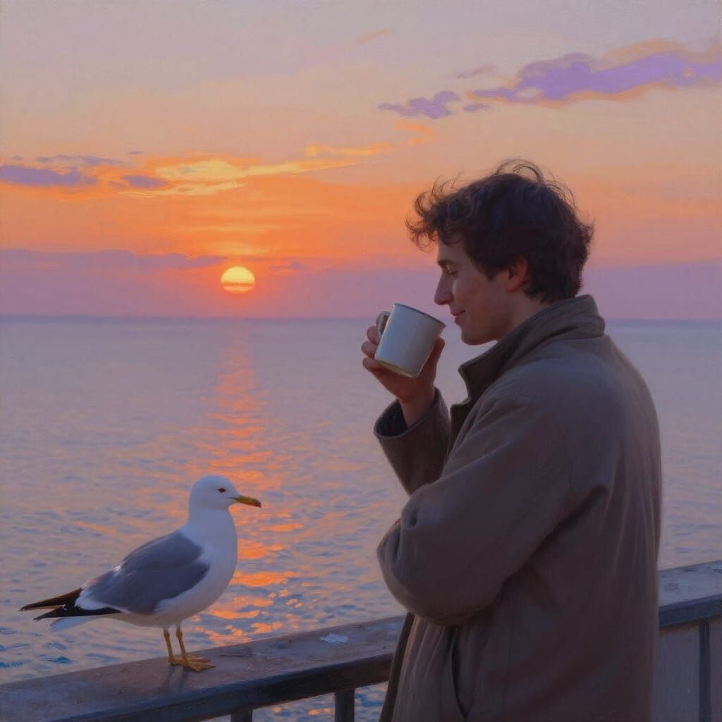 Lighthouse Keeper's Sunset Serenity in Impressionistic Style